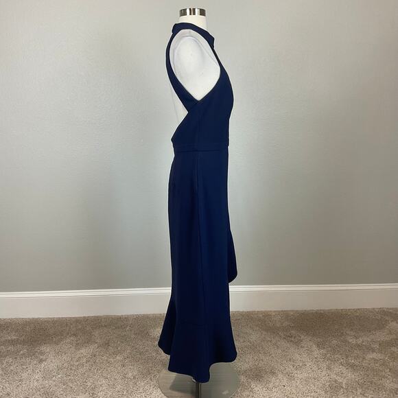 XSCAPE Backless Ruffled Halter High-Low Midi Sheath Cocktail Dress Blue Size 14 - Picture 5 of 13